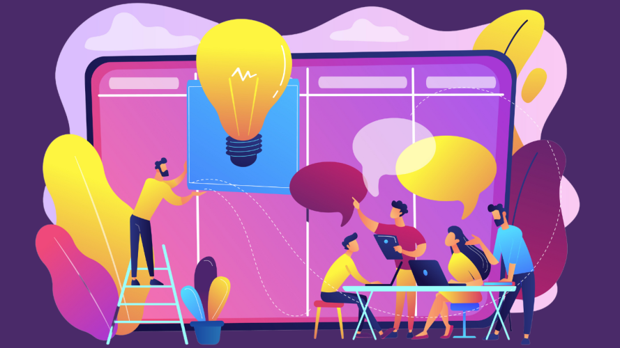 Colorful illustration of a group of people brainstorming in front of an oversized digital display.