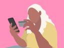 An illustration of a woman holding a phone and a credit card: Ecommerce content marketing
