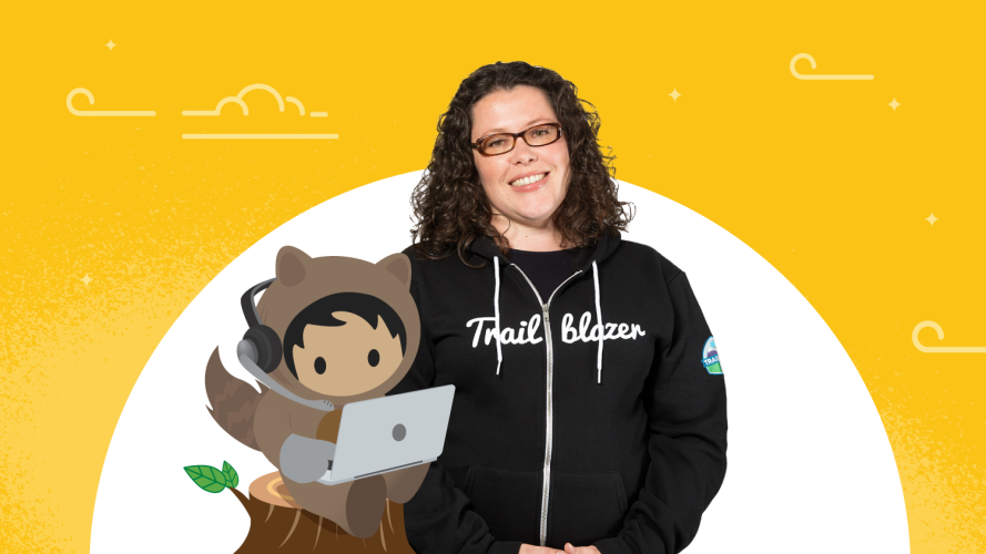 Louise Lockie in a Trailblazer hoodie next to an illustrated Astro working on their laptop