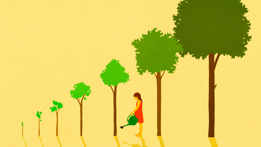An illustration of a woman watering a series of growing trees: sales tips.