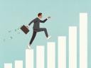 Illustration with a light green background of a businessman stepping his way up a growing bar chart / What is product-led growth