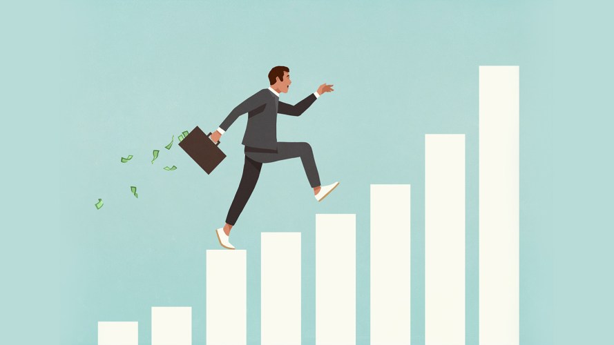 Illustration with a light green background of a businessman stepping his way up a growing bar chart / What is product-led growth