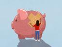 Illustration of a woman putting bandaids on a cracked piggy bank / managing risk in banking, technology in banking