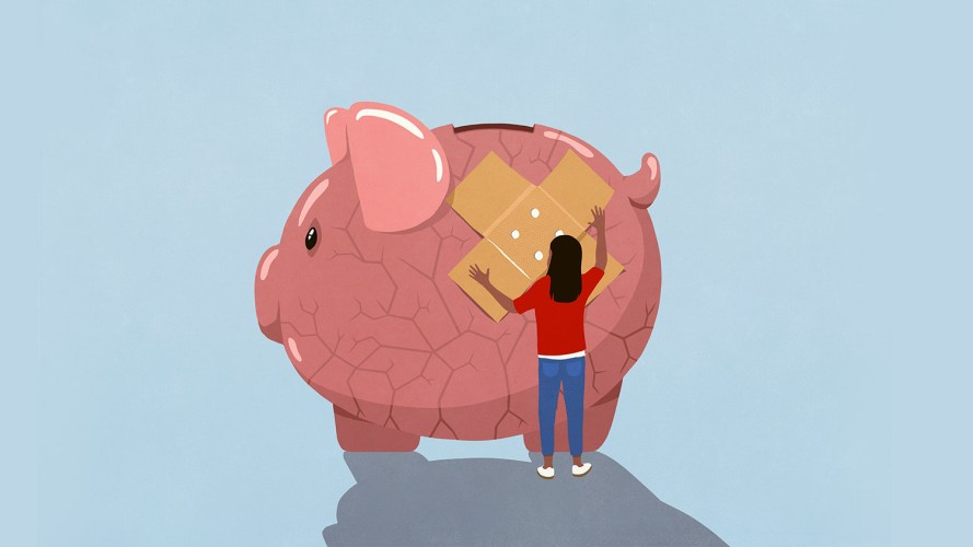Illustration of a woman putting bandaids on a cracked piggy bank / managing risk in banking, technology in banking