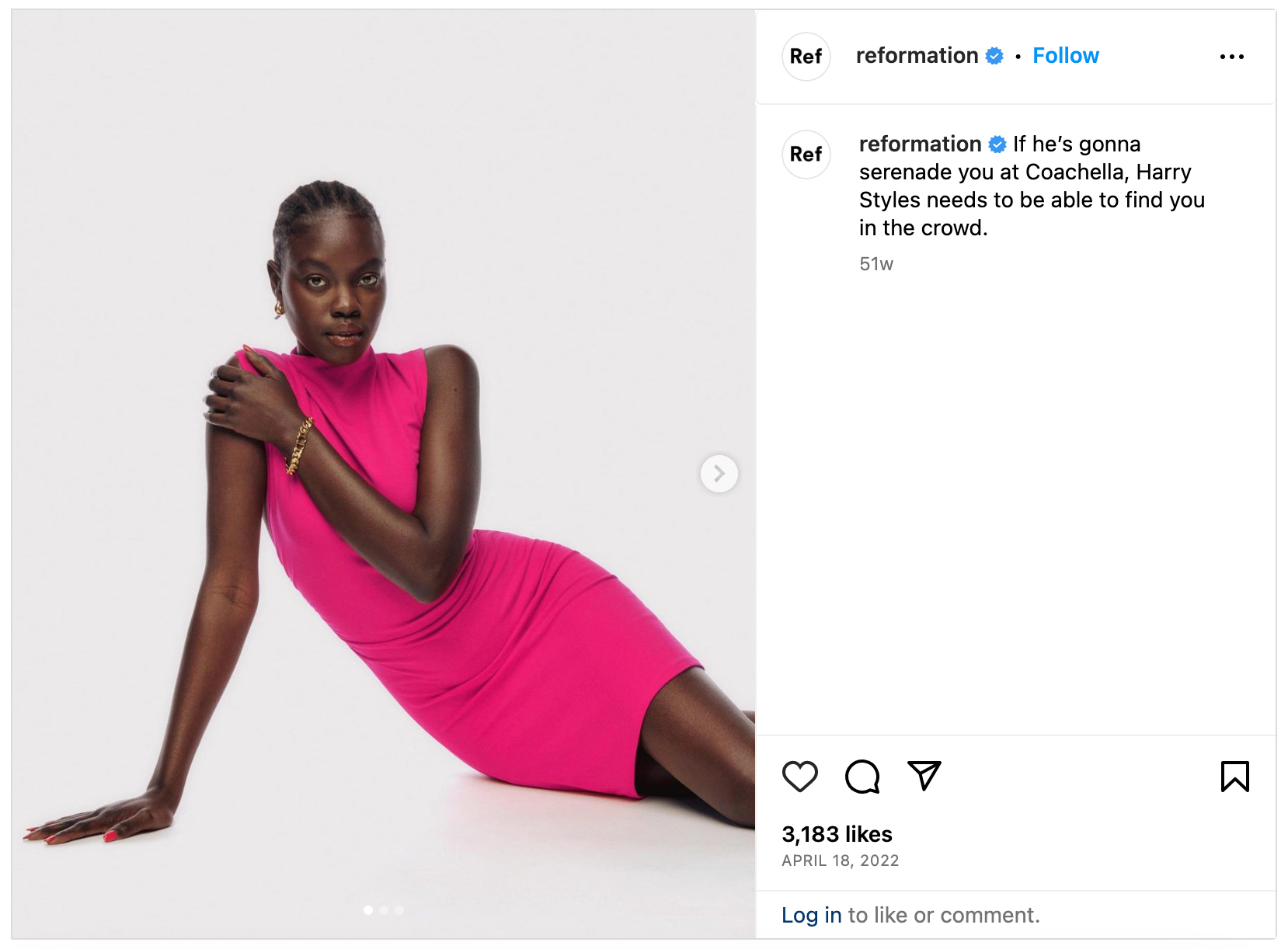 A screenshot of a woman in a hot pink dress next to a Reformation social media posting