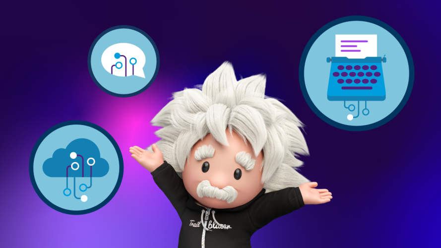 Ilustración del personaje de Einstein rodeado de 3 insignias Trailhead para habilidades de IA