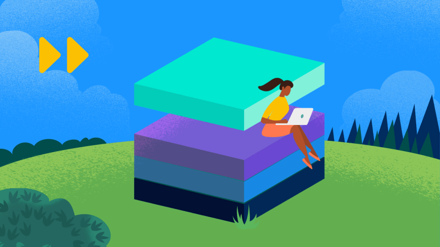 Illustration of a woman sitting on a block that is divided into four layers and the top layer is floating away.