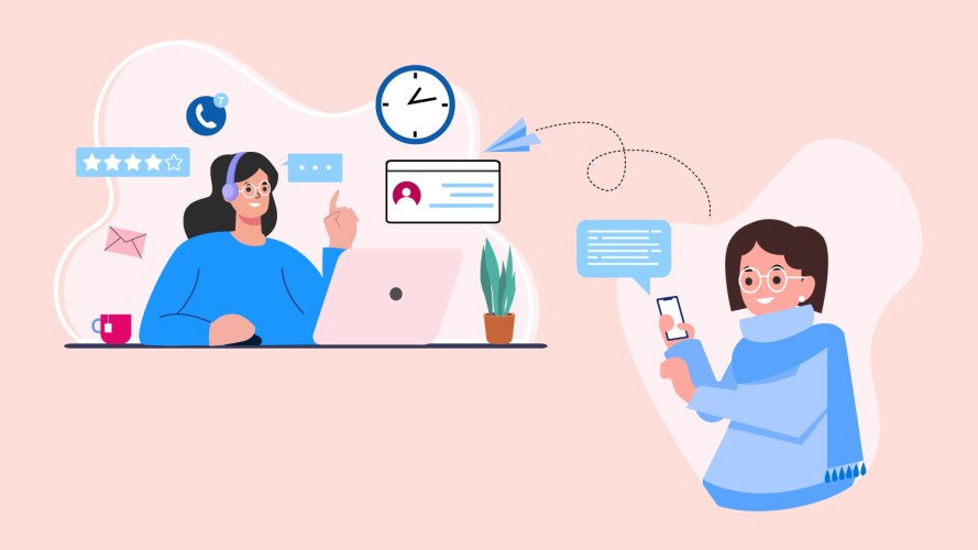 Illustration, with a pink background, of a customer receiving online customer service from a service agent / contact center AI