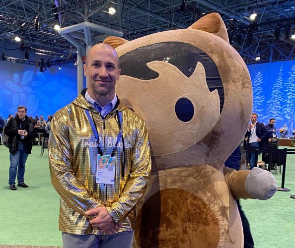 David attending the Salesforce's Annual Company Kickoff upon receiving his Golden Hoodie from Marc Benioff, February 2022