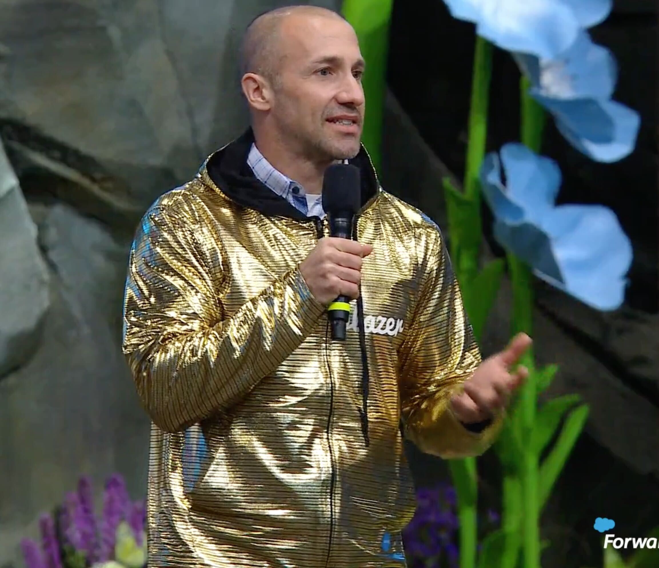David presenting at Salesforce's Annual Company Kickoff upon receiving his Golden Hoodie from Marc Benioff, February 2022.