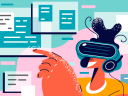 Colorful illustration of a person wearing VR glasses and gesturing at virtual panes of digital info.