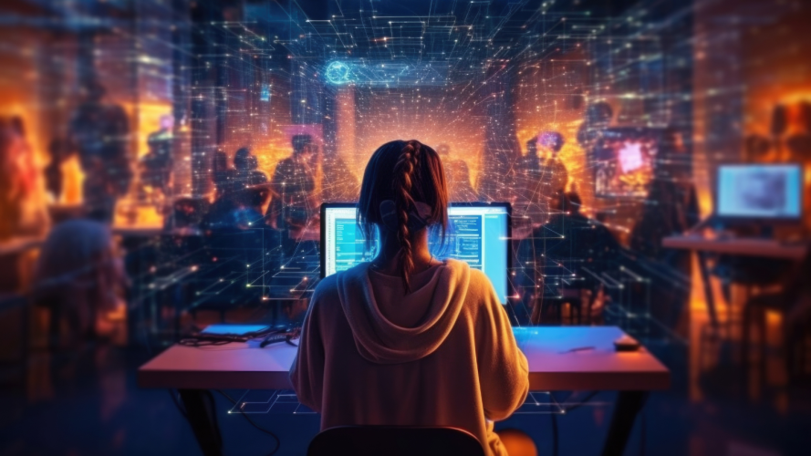 Illustration of the back of a woman with braided hair, working at a computer. There are Matrix-like networks superimposed on an office scene with lots of people blurred out in the background. The tones are orange and purple and futuristic.