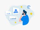 Illustration of a man with hand on chin thoughtfully considering four floating icons representing a user and graphs
