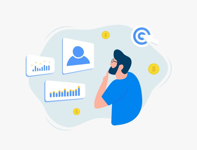 Illustration of a man with hand on chin thoughtfully considering four floating icons representing a user and graphs