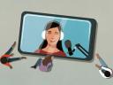 Illustration on a light green background of people sitting and watching a vlogger broadcast on a large smartphone