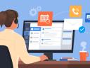 Illustration of a worker at her desk, multitasking on her computer with the use of AI in government