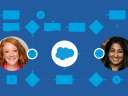 An illustrative flow diagram with the Salesforce cloud logo in the center and photos of two women who collaborated the project described in the article.