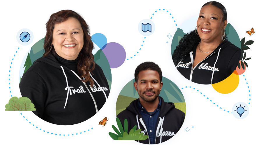 Compilation of Trailblazers depicting Salesforce Career Paths. Blanca Leon-Carter, Toni V. Martin, and Carlos Frias, all wearing Trailblazer hoodies.