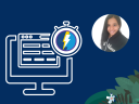 White outline drawing off a computer monitor with a clock symbolizing load times. Next to the drawing is a photo of Trailblazer Sakshi Nagpal.