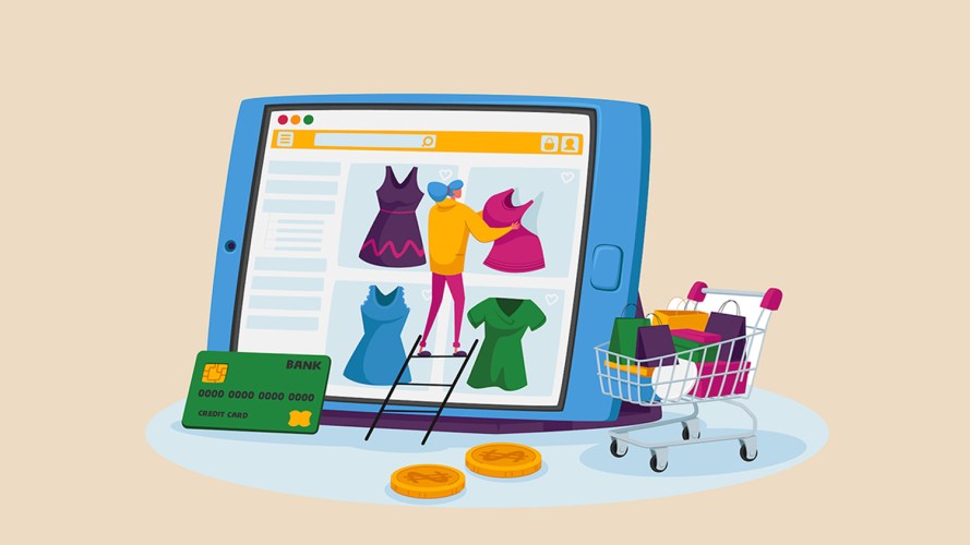 Illustration of a person standing on a ladder to add products to a product listing page on a computer screen, with a credit card and full shopping cart nearby.