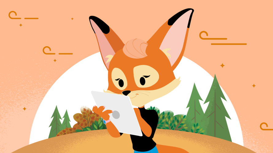 Brandy the Fox holds a clipboard readying to interview email marketers about generative AI