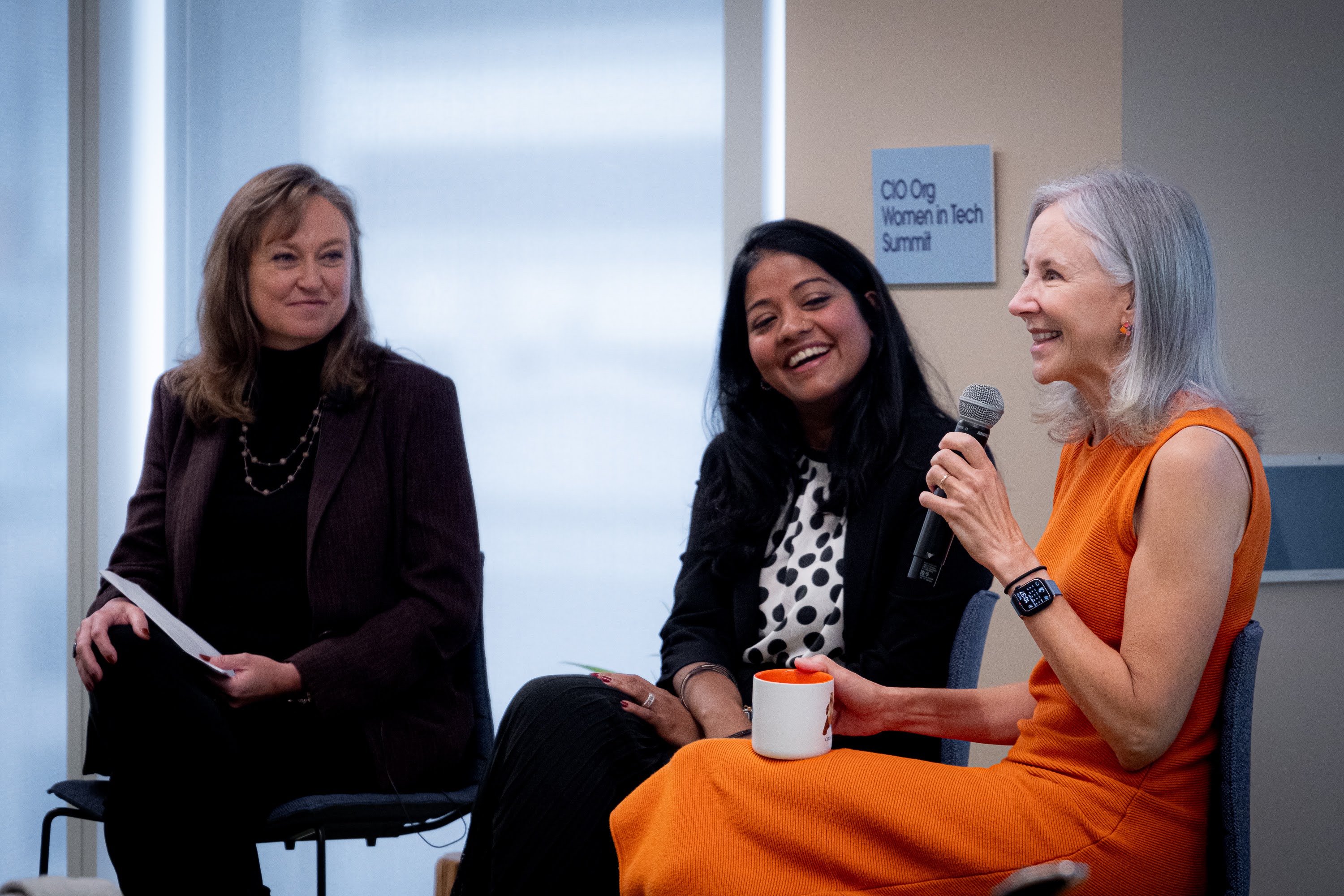 Salesforce’s SVP, SDG Lead Faye Olson and EVP, COO MuleSoft Archana (Arch) Subramanian listen as CFO Amy Weaver shares her experiences in the CIO Org Women in Tech Summit.