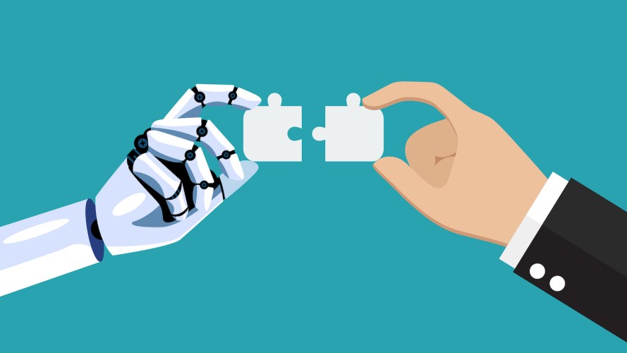 Illustration on a light blue background of a digital assistant robot hand and a human hand joining two puzzle pieces together