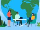 Illustration on a blue background of coworkers in an office setting, working at a table with an image of the globe behind them