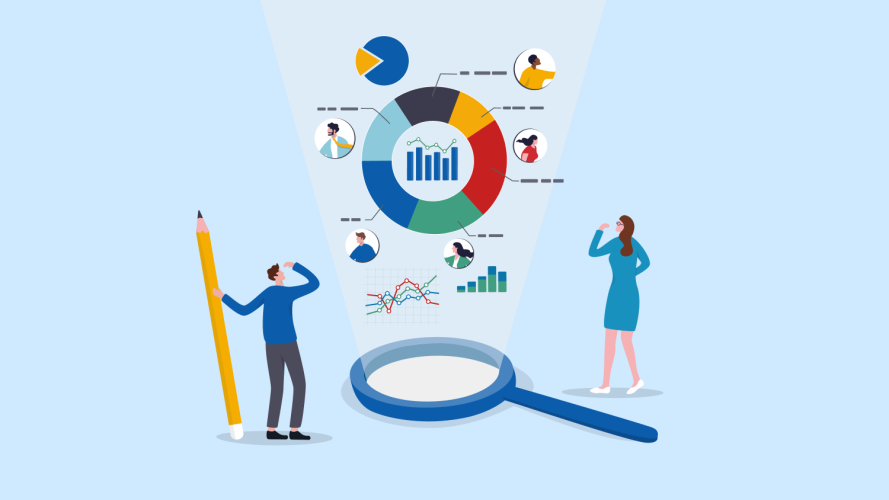 An illustration showing two businesspeople looking at charts and data of how to increase their Salesforce sales success as a partner.