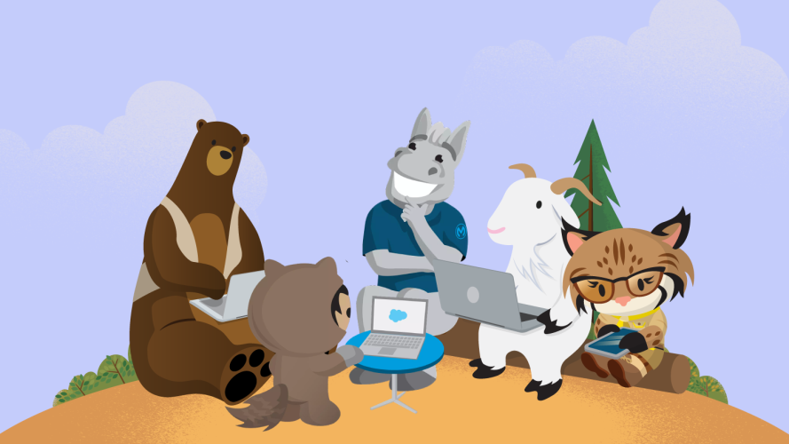 Salesforce characters gather around a laptop.