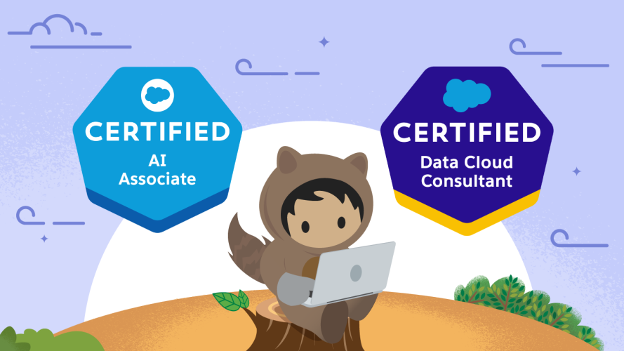 Salesforce AI Associate Certification emblem and the Salesforce Data Cloud Consultant Certification emblem above Astro working on a laptop