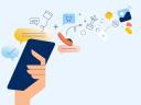 Illustration of a hand holding a device and small icons floating out of it: Digital engagement strategy