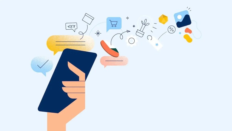 Illustration of a hand holding a device and small icons floating out of it: Digital engagement strategy