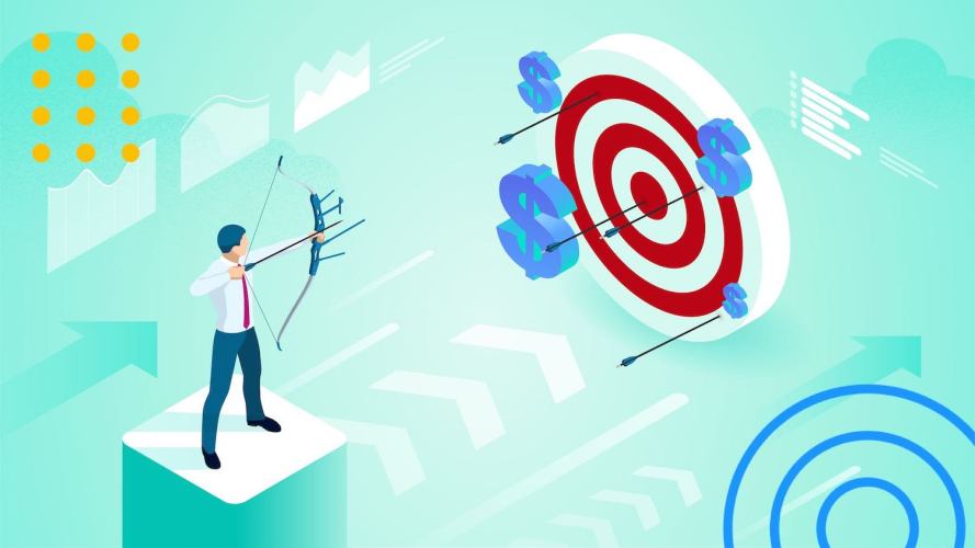 Sales reps shooting a bow and arrow at a target with dollar signs: sales targets