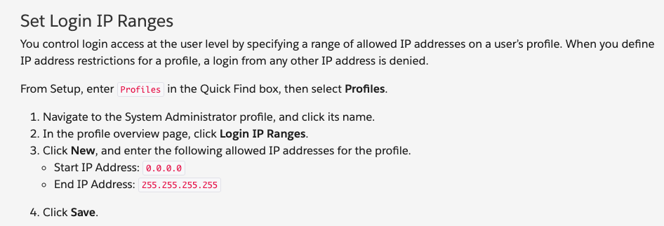 A Trailhead page shows step by step directions showing how to set login IP ranges.