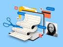 Illustration of a laptop with a printed scrolling page on it and scissors cutting that page.