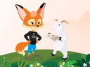 Brandy the fox who represents Marketing Cloud stands next to Cloudy the goat who represents Salesforce Admins. Brandy is showing Cloudy how to become a Marketing Cloud Administrator.