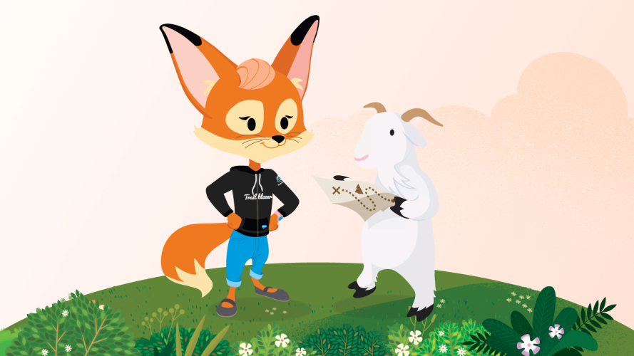 Brandy the fox who represents Marketing Cloud stands next to Cloudy the goat who represents Salesforce Admins. Brandy is showing Cloudy how to become a Marketing Cloud Administrator.