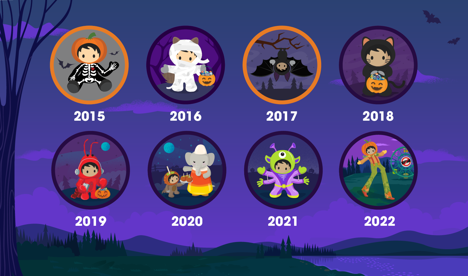 Display of every Trick or Trailhead badge from 2016 to 2022.