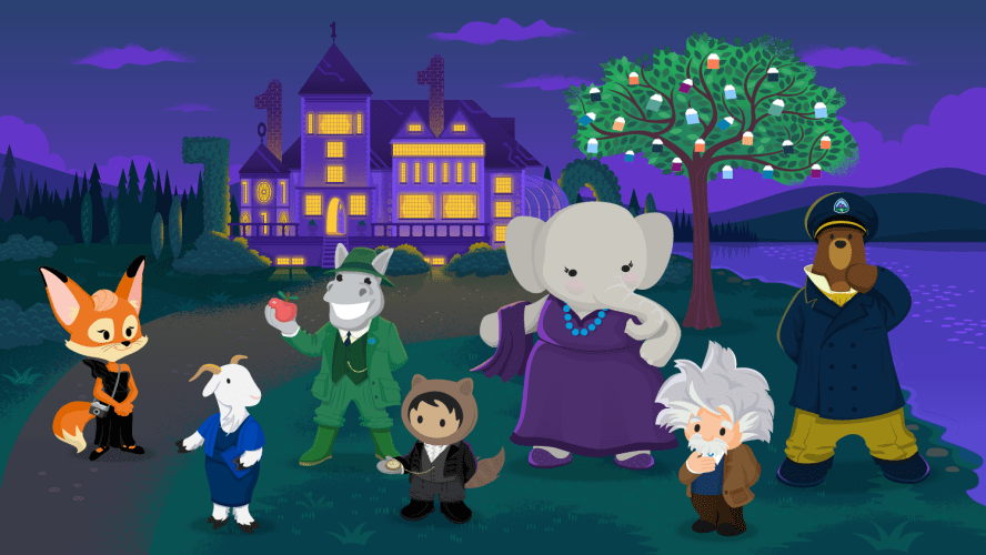 Brandy, Cloudy, Max, Astro, Ruth, Einstein, and Codey stand outside for Trick or Trailhead at AI Manor.