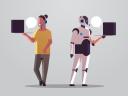 Illustration on a grey background of two customer service reps: one human, one an AI robot, both holding laptops while responding to customer service queries / automated customer service