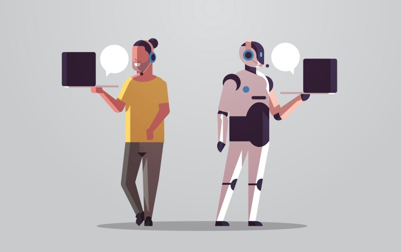 Illustration on a grey background of two customer service reps: one human, one an AI robot, both holding laptops while responding to customer service queries / automated customer service