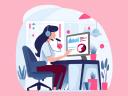 Illustration, with a pink background, of a female customer service agent working with contact center CRM software on her computer to help a customer.