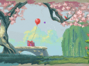 Pastel illustration of bench under an arching tree, with a red balloon tied to a gift box. A willow tree is in the distance. This represents design for nonprofits.