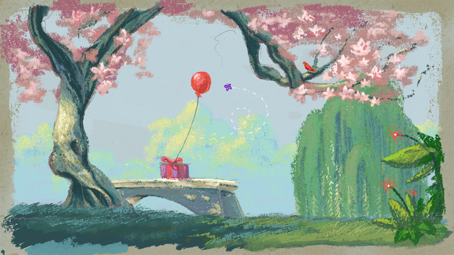 Pastel illustration of bench under an arching tree, with a red balloon tied to a gift box. A willow tree is in the distance.