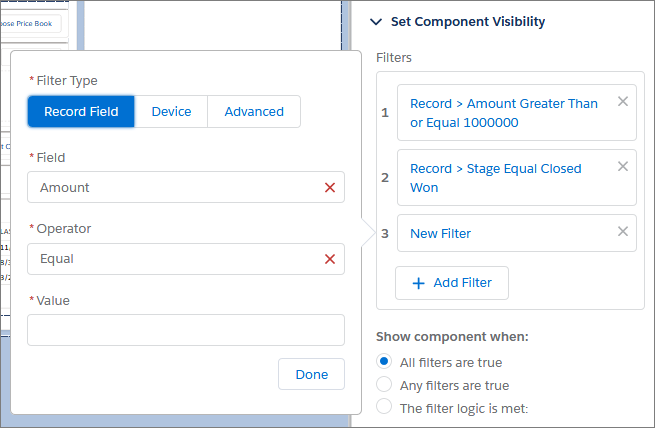 Example screen with filters for setting component visibility.