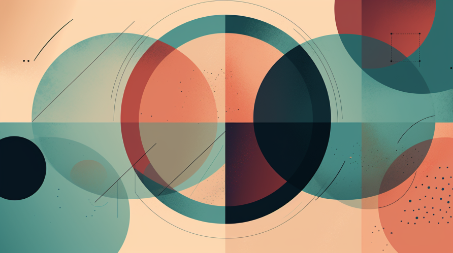 Abstract of overlapping circles in muted greens and salmon colors.