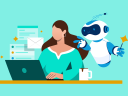 Illustration on a mint green background of a woman sitting at her desk on a laptop, sending emails. Behind her is a helpful robot with a magic wand. / AI marketing
