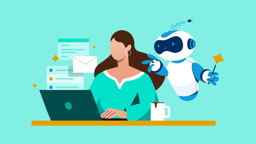 Illustration on a mint green background of a woman sitting at her desk on a laptop, sending emails. Behind her is a helpful robot with a magic wand. / AI marketing