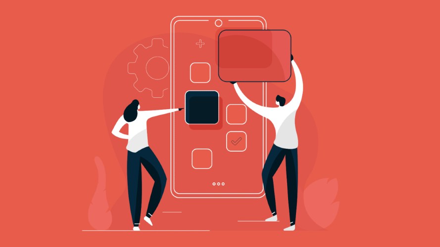Illustration on a red background of a man and a woman, both dressed in black pants and white shirts, adding apps to a smartphone / building AI apps